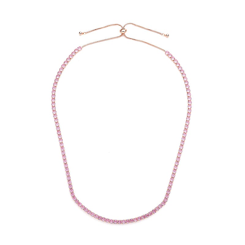 Simulated Pink Diamond Tennis Necklace 18-26 Inches with Bolo Slide in Rosetone