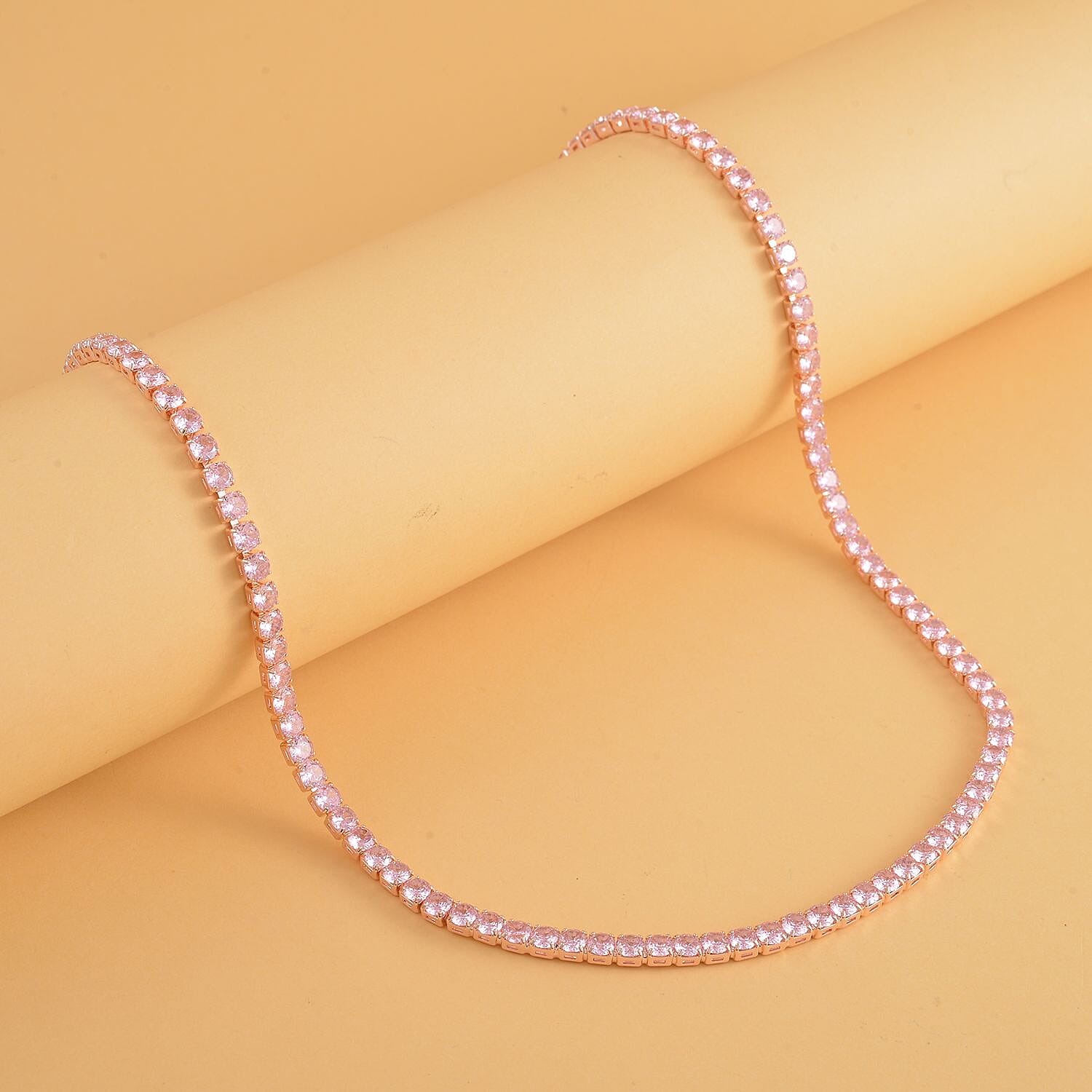Simulated Pink Diamond Tennis Necklace 18-26 Inches with Bolo Slide in Rosetone