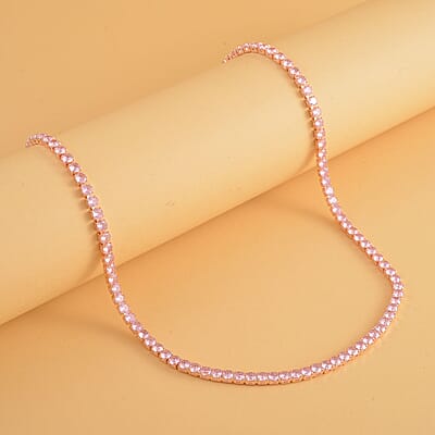 Simulated Pink Diamond Tennis Necklace 18-26 Inches with Bolo Slide in Rosetone