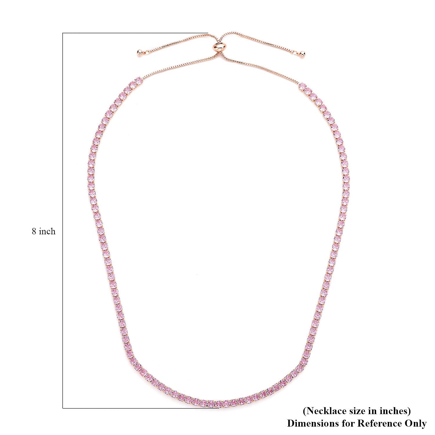 Simulated Pink Diamond Tennis Necklace 18-26 Inches with Bolo Slide in Rosetone