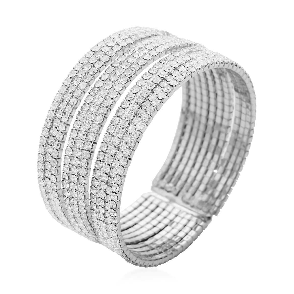Austrian Crystal Layered Look Cuff Bracelet in Silvertone (6.50-7In) image number 0