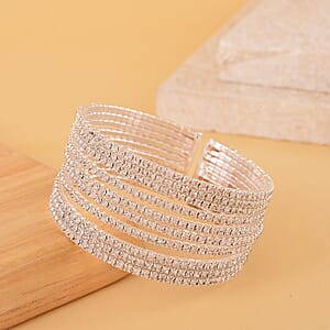 Austrian Crystal Layered Look Cuff Bracelet in Silvertone (6.50-7In)