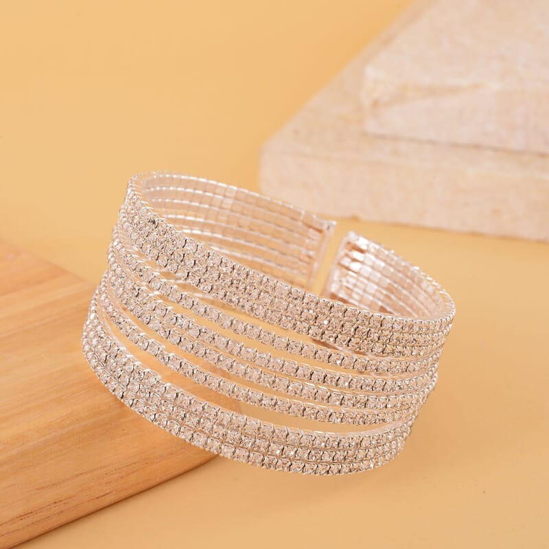 Austrian Crystal Layered Look Cuff Bracelet in Silvertone (6.50-7In)