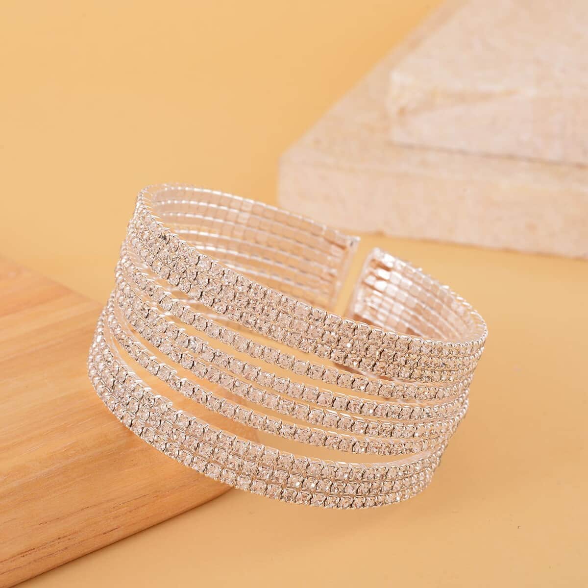 Austrian Crystal Layered Look Cuff Bracelet in Silvertone (6.50-7In) image number 1