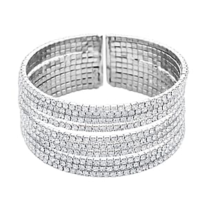 Austrian Crystal Layered Look Cuff Bracelet in Silvertone (6.50-7In)
