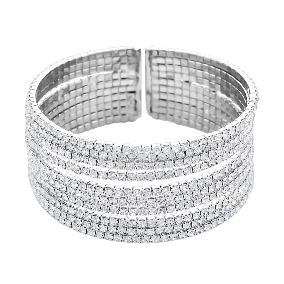 Austrian Crystal Layered Look Cuff Bracelet in Silvertone (6.50-7In) image number 2
