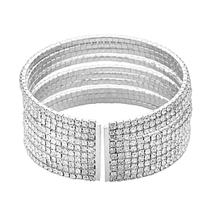 Austrian Crystal Layered Look Cuff Bracelet in Silvertone (6.50-7In)