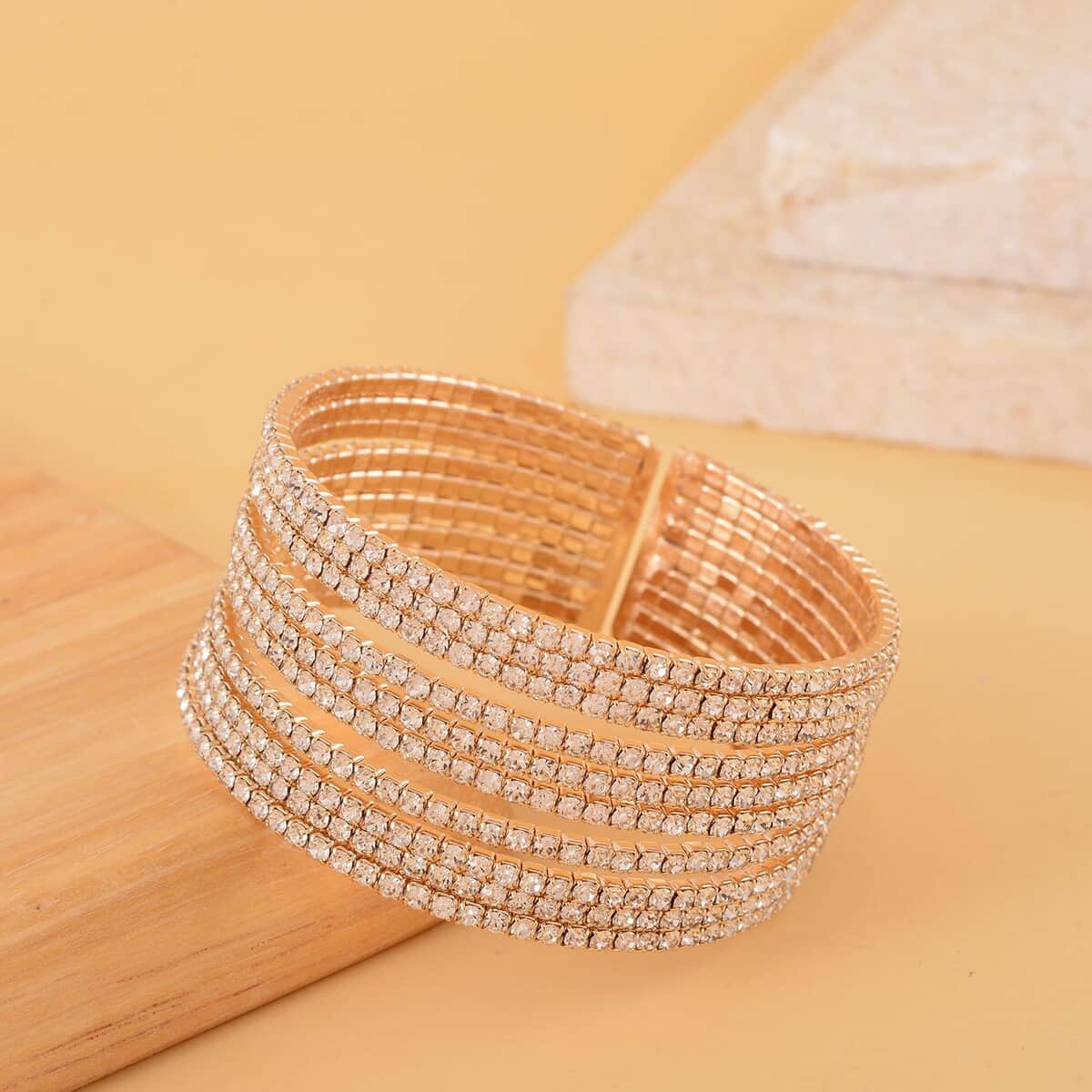 Austrian Crystal Layered Look Cuff Bracelet in Goldtone (6.50-7In) image number 1