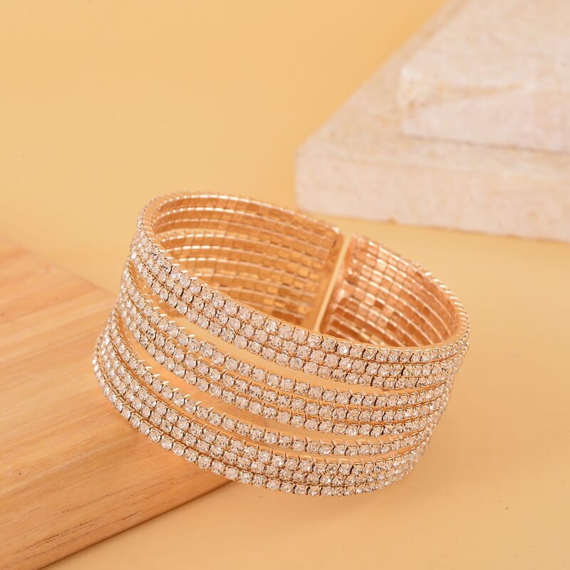 Austrian Crystal Layered Look Cuff Bracelet in Goldtone (6.50-7In)