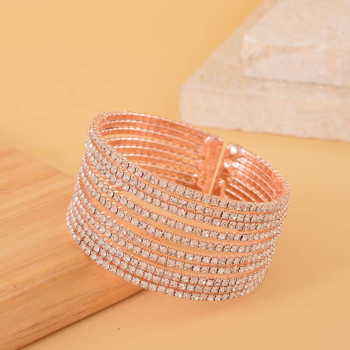Austrian Crystal Layered Look Cuff Bracelet in Rosetone (6.50-7In) image number 1