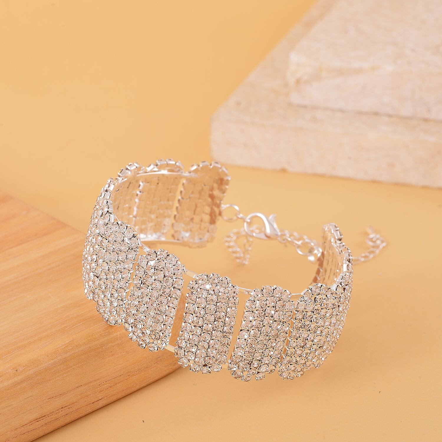 Austrian Crystal Block Cuff Bracelet in Silvertone (6.50-7In)