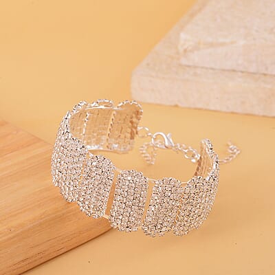 Austrian Crystal Block Cuff Bracelet in Silvertone (6.50-7In)