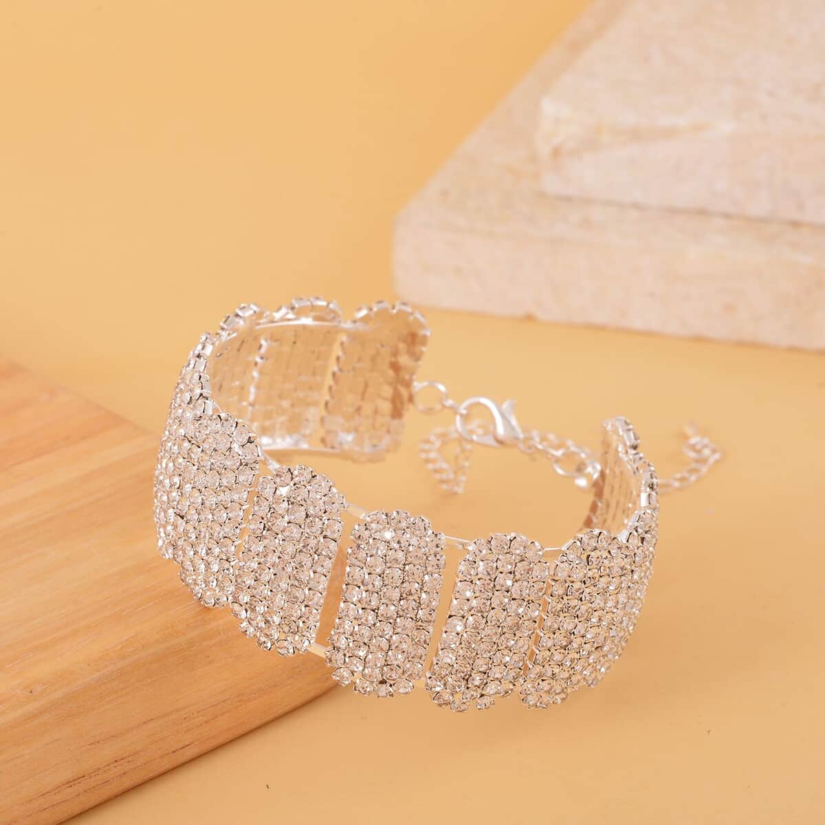 Austrian Crystal Block Cuff Bracelet in Silvertone (6.50-7In) image number 1