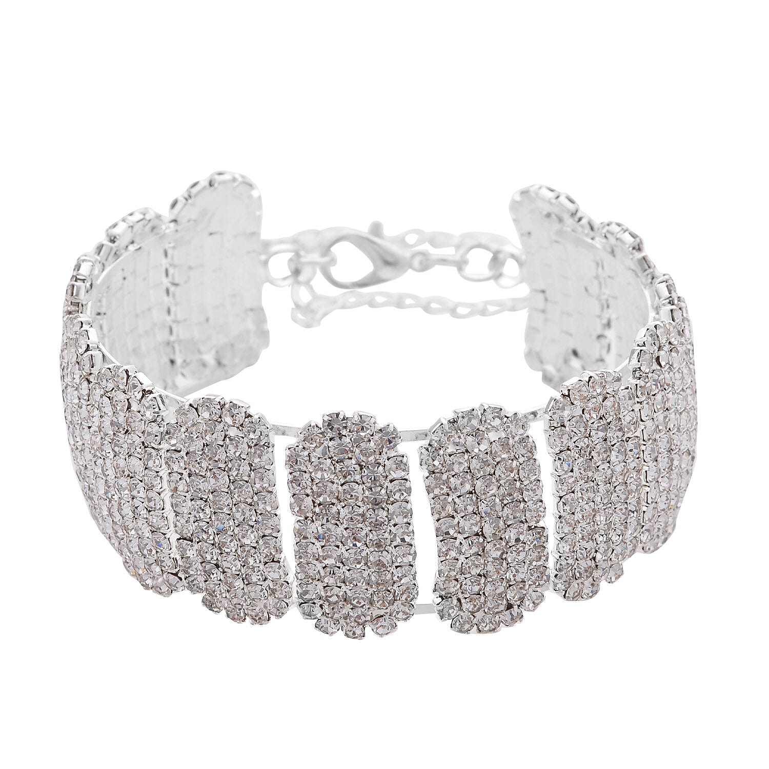 Austrian Crystal Block Cuff Bracelet in Silvertone (6.50-7In)