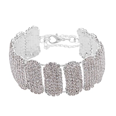 Austrian Crystal Block Cuff Bracelet in Silvertone (6.50-7In)