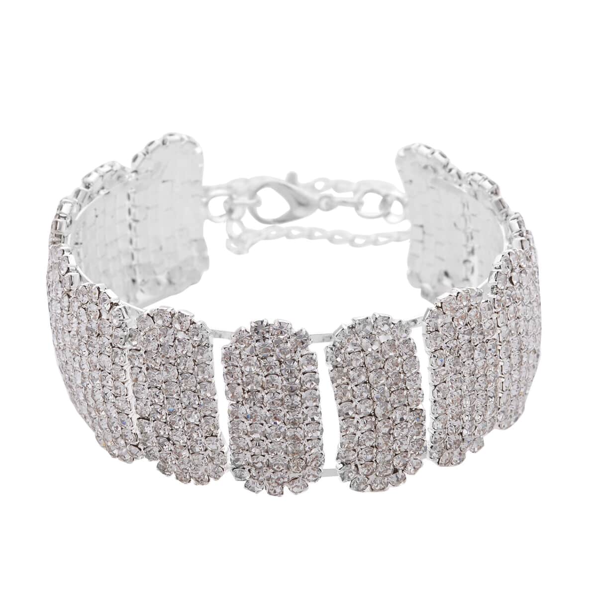 Austrian Crystal Block Cuff Bracelet in Silvertone (6.50-7In) image number 2