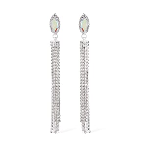 White Mystic Color Glass and Austrian Crystal Earrings in Silvertone