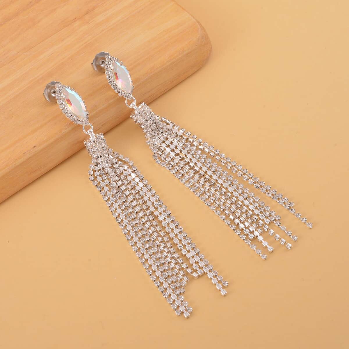 White Mystic Color Glass and Austrian Crystal Earrings in Silvertone image number 1