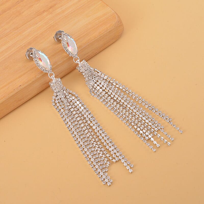 White Mystic Color Glass and Austrian Crystal Earrings in Silvertone