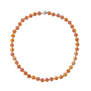 Orange Pearl Glass Beaded Necklace 24 Inches with Magnetic Lock in Silvertone