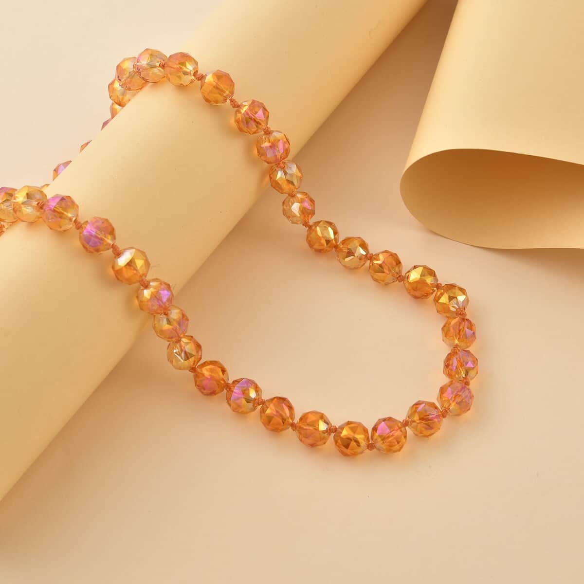Orange Pearl Glass Beaded Necklace 24 Inches with Magnetic Lock in Silvertone image number 1