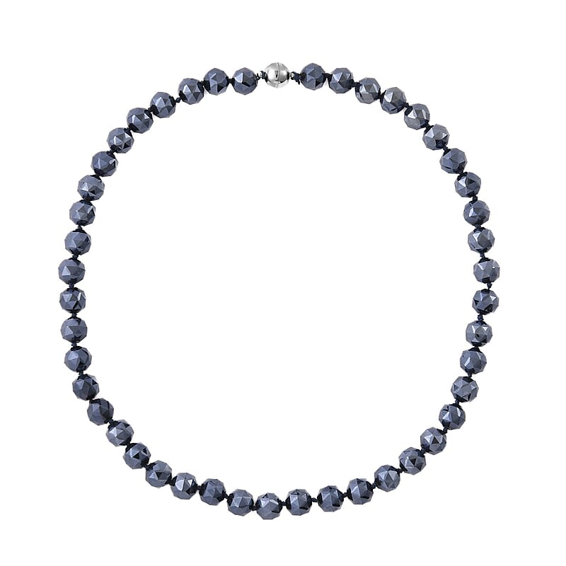 Hematite Color Glass Beaded Necklace 24 Inches with Magnetic Lock in Silvertone