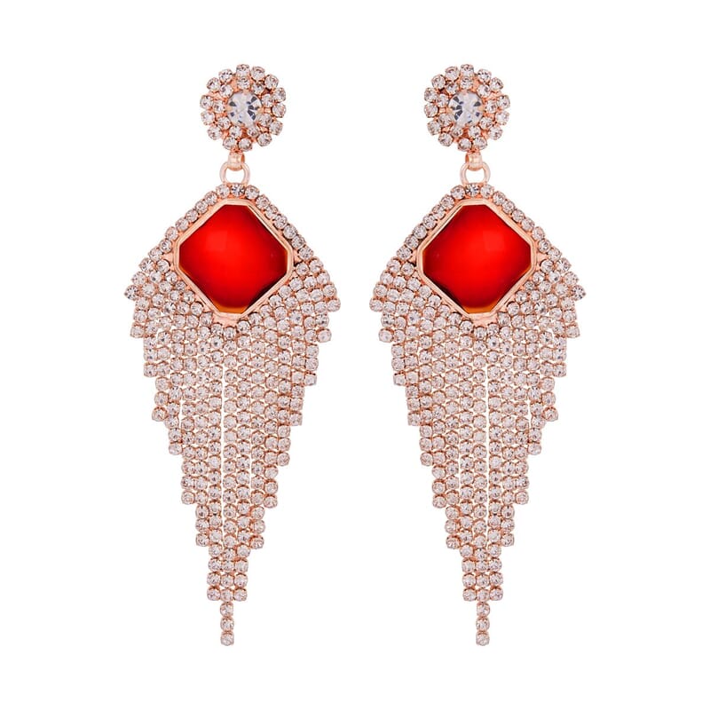 Red Glass and Austrian Crystal Waterfall Earrings in Rosetone