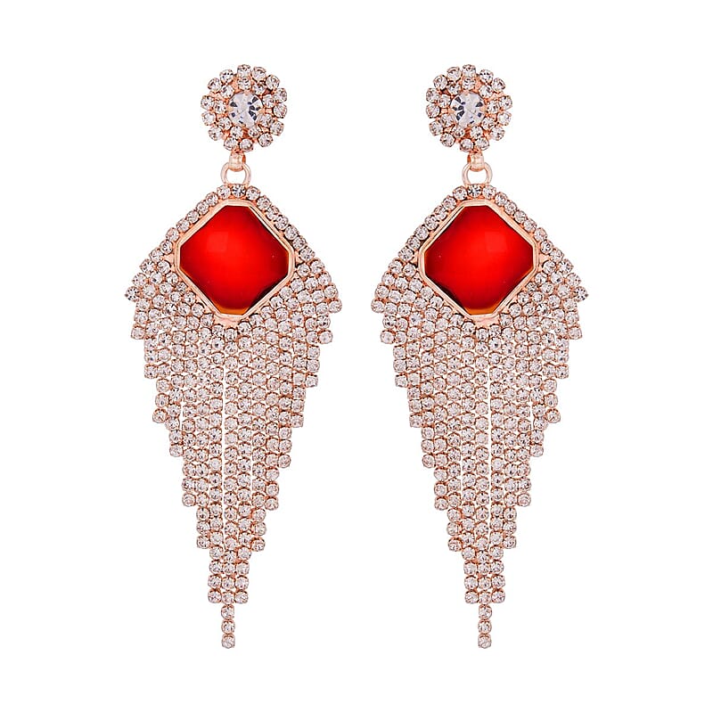 Red Glass and Austrian Crystal Waterfall Earrings in Rosetone