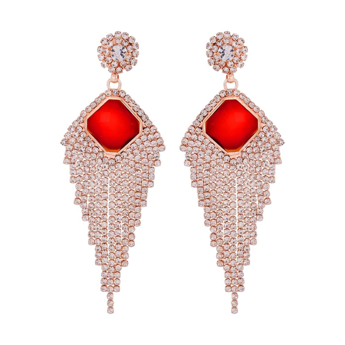 Red Glass and Austrian Crystal Waterfall Earrings in Rosetone image number 0