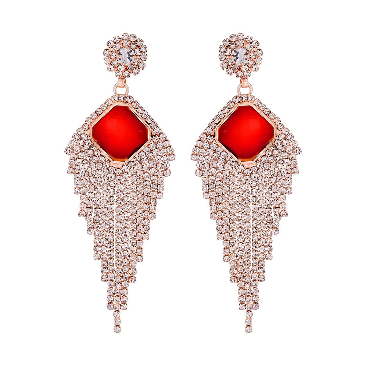 Red Glass and Austrian Crystal Waterfall Earrings in Rosetone image number 0