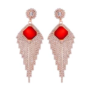 Red Glass and Austrian Crystal Waterfall Earrings in Rosetone