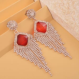 Red Glass and Austrian Crystal Waterfall Earrings in Rosetone