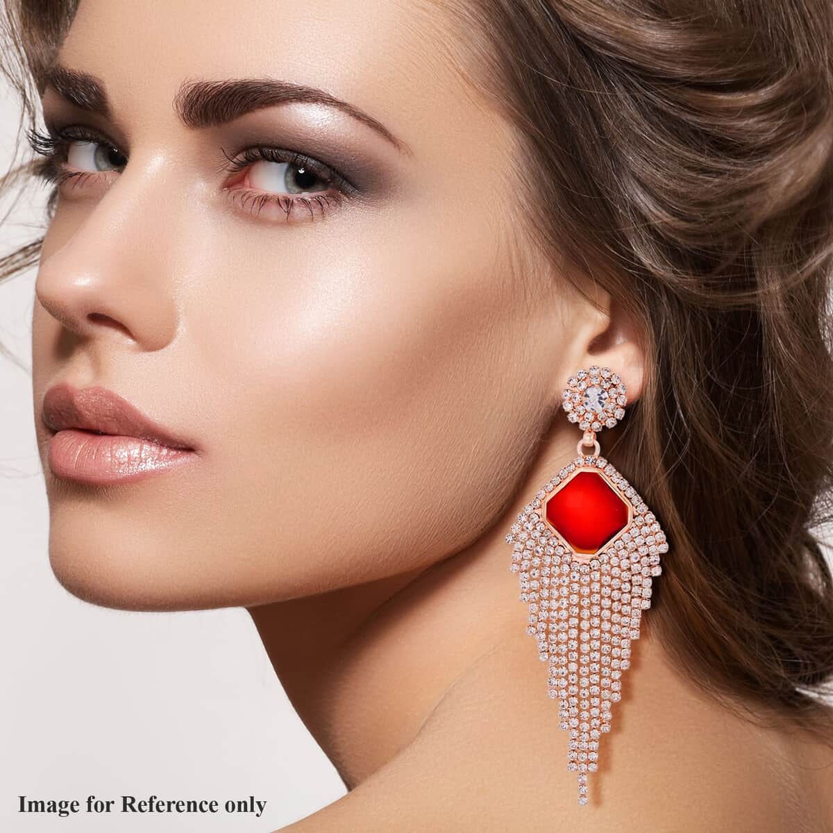 Red Glass and Austrian Crystal Waterfall Earrings in Rosetone image number 2