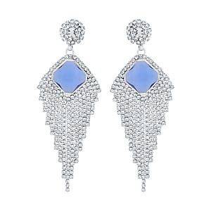 Blue Glass and Austrian Crystal Waterfall Earrings in Silvertone