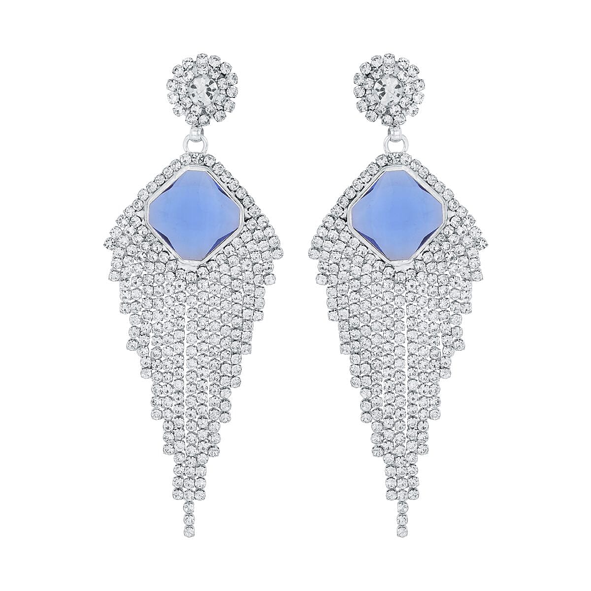 Blue Glass and Austrian Crystal Waterfall Earrings in Silvertone image number 0