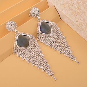 Blue Glass and Austrian Crystal Waterfall Earrings in Silvertone