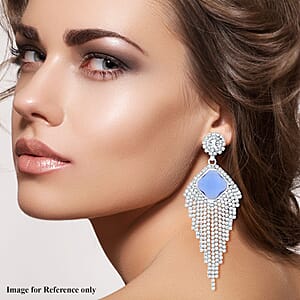 Blue Glass and Austrian Crystal Waterfall Earrings in Silvertone
