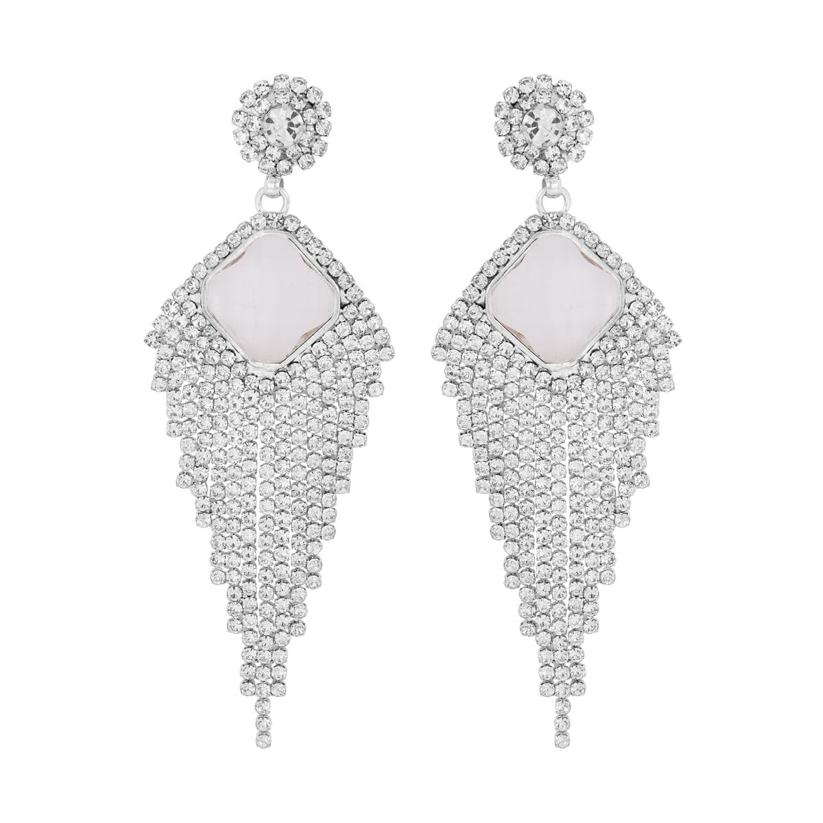 White Glass and Austrian Crystal Waterfall Earrings in Silvertone image number 0