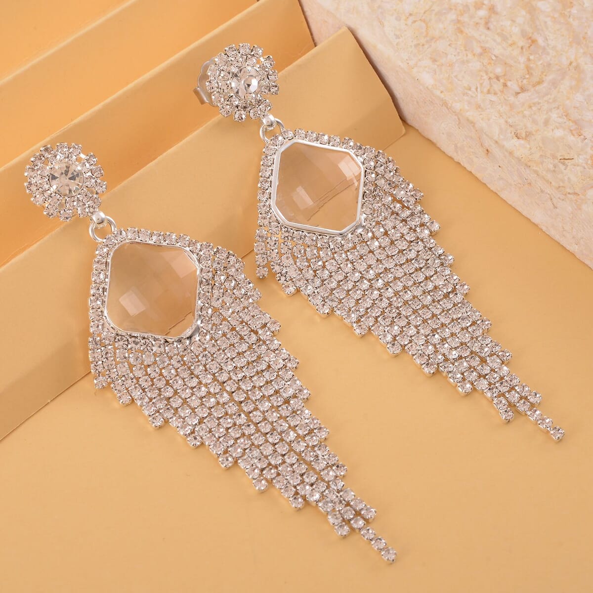 White Glass and Austrian Crystal Waterfall Earrings in Silvertone image number 1