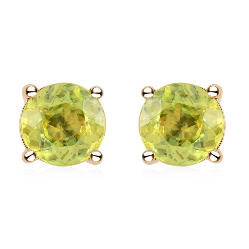 Certified and Appraised Luxoro 14K Yellow Gold AAA Sava Sphene Solitaire Stud Earrings 2.05 ctw
