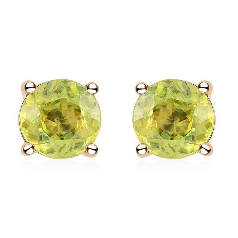 Certified and Appraised Luxoro 14K Yellow Gold AAA Sava Sphene Solitaire Stud Earrings 2.05 ctw