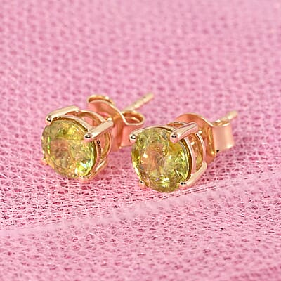 Certified and Appraised Luxoro 14K Yellow Gold AAA Sava Sphene Solitaire Stud Earrings 2.05 ctw
