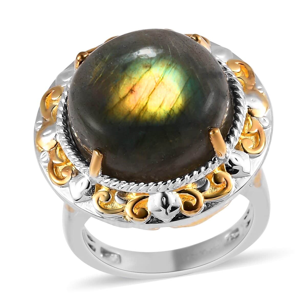 Doorbuster KARIS Madagascar Fire Labradorite Solitaire Ring in 18K YG Plated and Platinum Bond (Size 10.0) 13.85 ctw image number 0