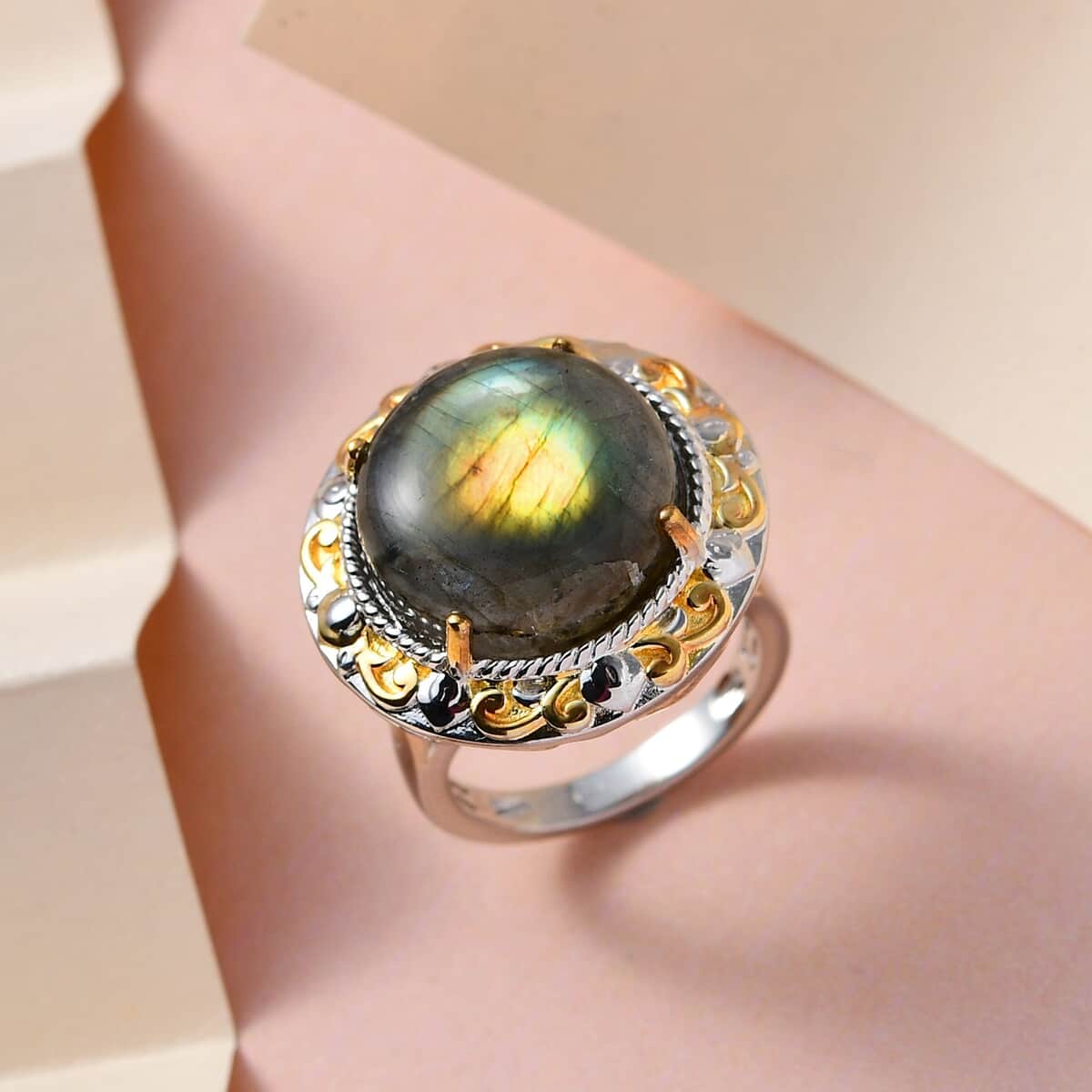 Doorbuster KARIS Madagascar Fire Labradorite Solitaire Ring in 18K YG Plated and Platinum Bond (Size 10.0) 13.85 ctw image number 1