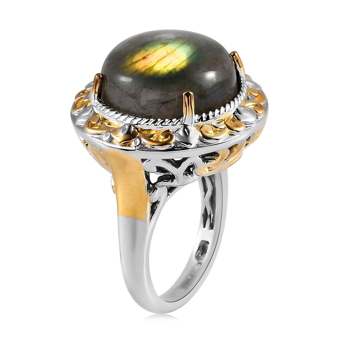 Doorbuster KARIS Madagascar Fire Labradorite Solitaire Ring in 18K YG Plated and Platinum Bond (Size 10.0) 13.85 ctw image number 3