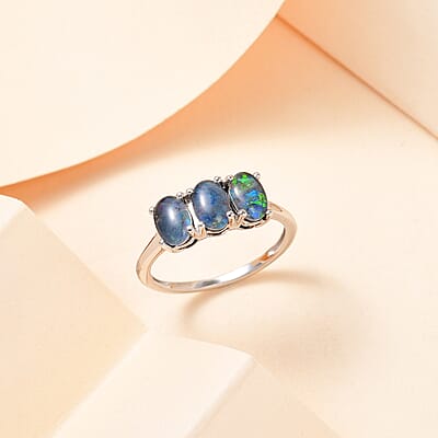 Boulder Opal Triplet 3 Stone Ring in Platinum Over Sterling Silver (Size 10.0) 1.15 ctw