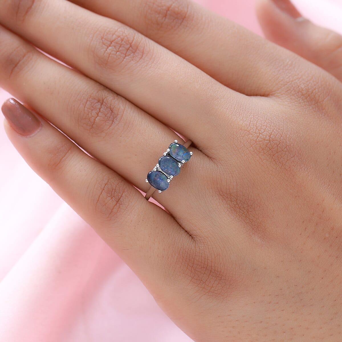 Boulder Opal Triplet 3 Stone Ring in Platinum Over Sterling Silver (Size 8.0) 1.15 ctw image number 2