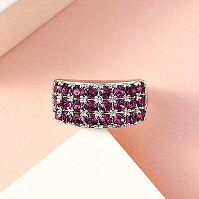 Amethyst Color Crystal Three Row Band Ring in Platinum Over Copper with Magnet (Size 10.0)