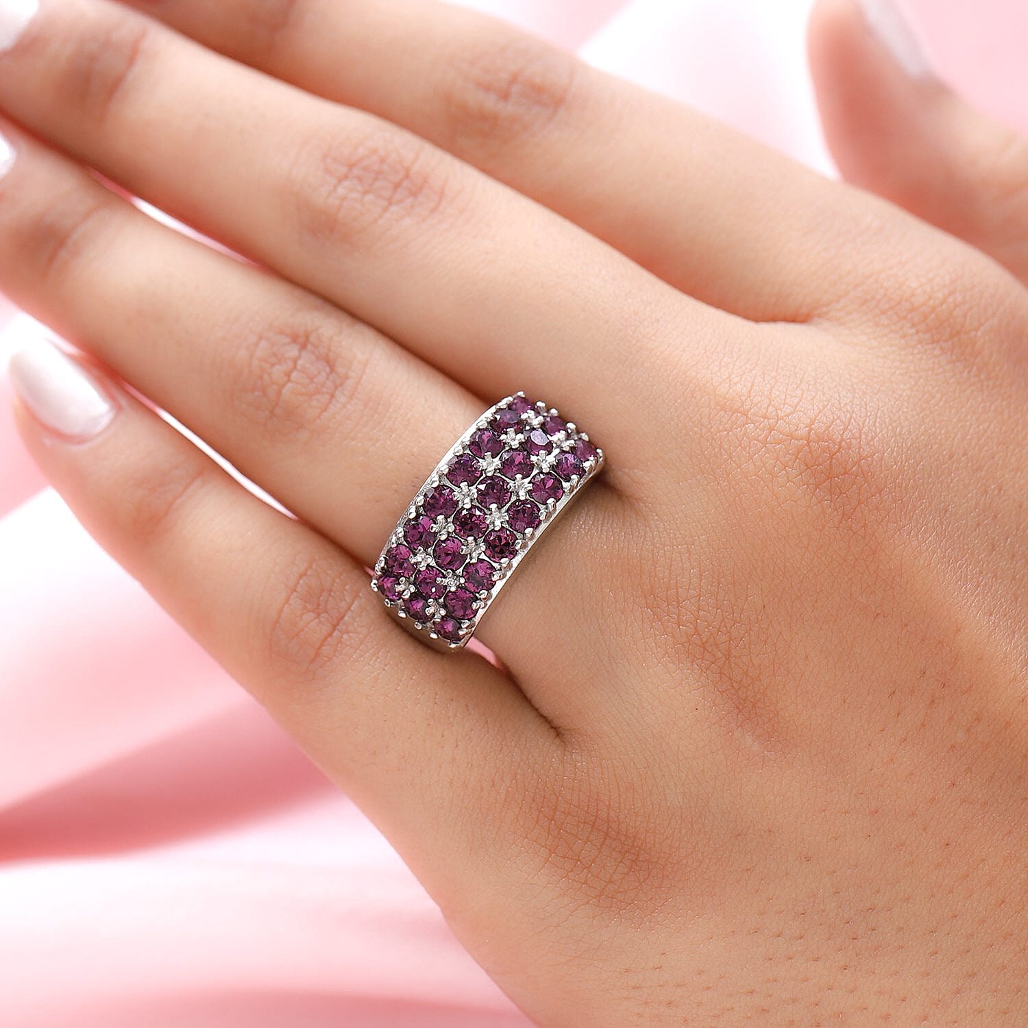 Amethyst Color Crystal Three Row Band Ring in Platinum Over Copper with Magnet (Size 10.0)