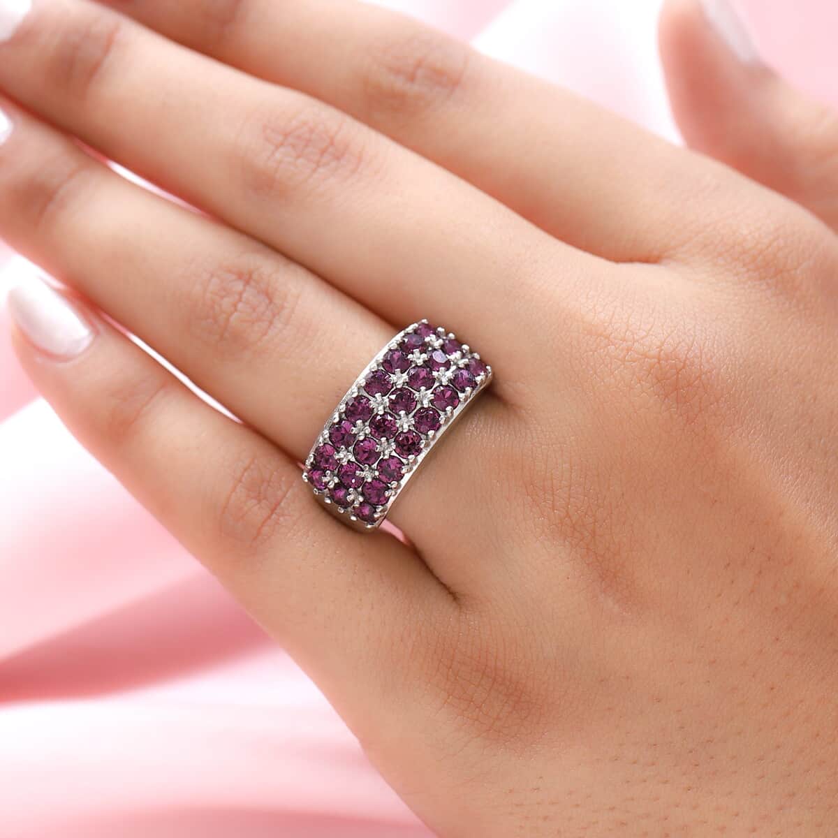 Amethyst Color Crystal Three Row Band Ring in Platinum Over Copper with Magnet (Size 10.0) image number 2